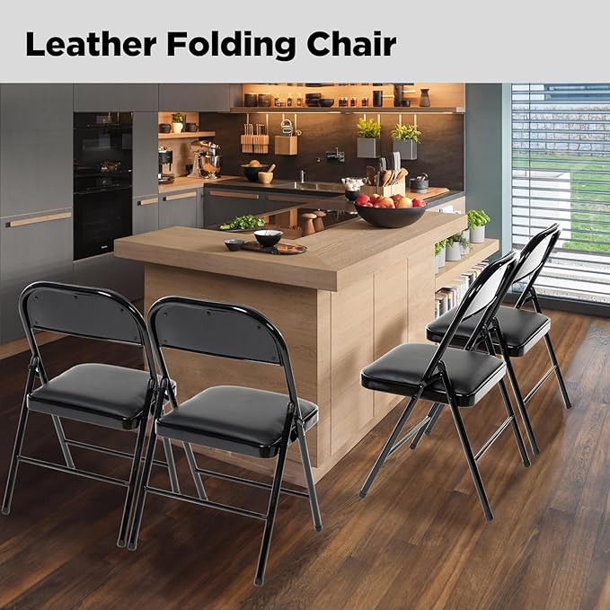 10 Pack Folding Chairs with Padded Seats, Padded Folding Chair with Steel Frame for Events Home Office, Pu Leather Folding Chair Black