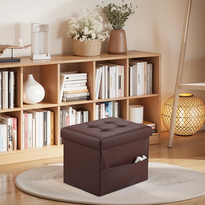 Storage Ottoman Foot Rest Stool, Small Leather Storage Ottomans Bench, Folding Footstool with Side Pockets, Foot Rest Under Desk for Living Room Bedroom, 17x13x13 in, Brown