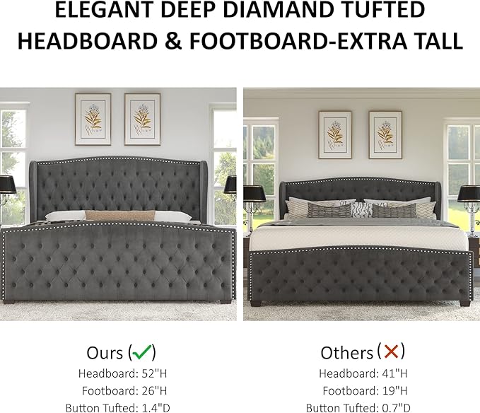 AMERLIFE California King Size Platform Bed Frame, Velvet Upholstered Bed with Deep Button Tufted & Nailhead Trim Wingback Headboard/No Box Spring Needed, Grey