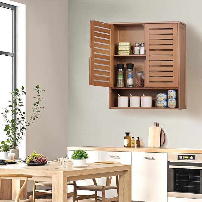 HYNAWIN Bamboo Wall Cabinet, Over Toilet Bathroom Furniture, Wall Mounted Storage Medicine Cabinet with Two Doors & Adjustable Shelves, for Bathroom, Kitchen, Living Room, Walnut, Dark Brown