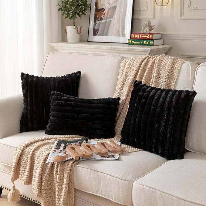 DEELAND Pack of 2,Double-Sided Faux Fur Plush Decorative Throw Pillow Covers Fuzzy Striped Soft Pillowcase Cushion Covers for Sofa Couch Bedroom Black 12x20 inch