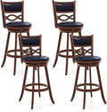 COSTWAY Bar Stools Set of 4, 29.5” Bar Height Stools with Rubber Wood Frame, Faux Leather Upholstered Seat and Backrest, Swivel Barstools for Kitchen Island, Pub, Brown (4, Seat Height: 29.5”)