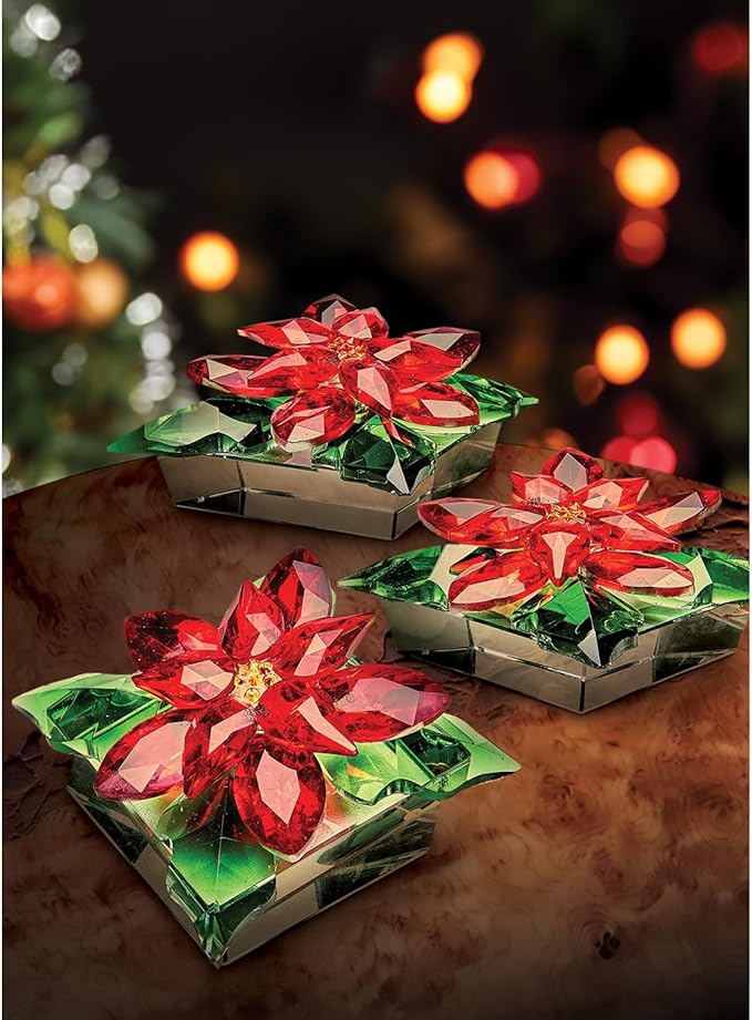 Bits and Pieces Crystal Poinsettia Figurine - Faceted Glass Sparkling Red and Green, Home Decor Christmas Decoration and Gift
