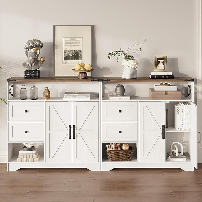 Fameill Farmhouse Storage Cabinet with Drawers and Open Storage,Freestanding Kitchen Pantry with 2 Barn Doors, Floor Cabinet with Adjustable Shelf for Living Room,White