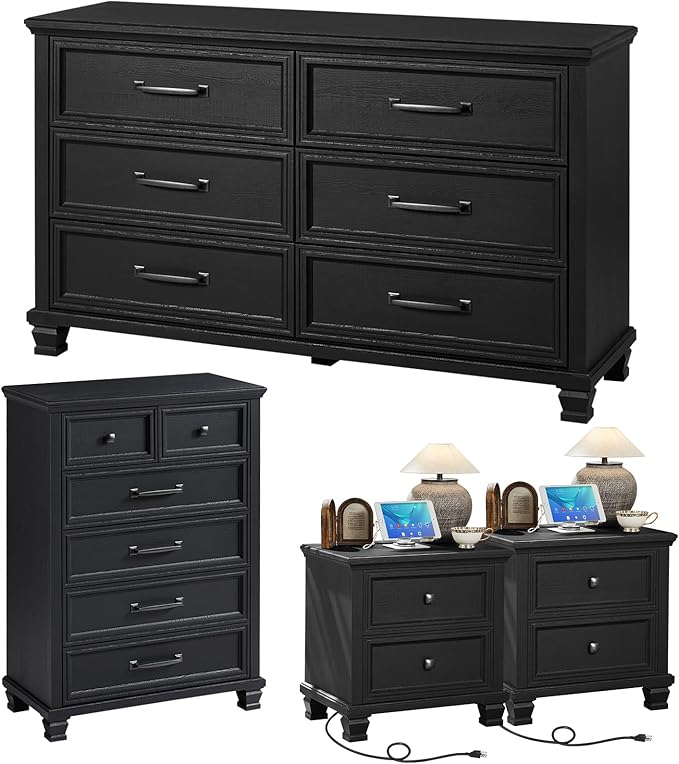 Farmhouse Bedroom Dresser and Nightstand Set of 4, 6 Drawer Tall & Low Dresser & 2 Drawer Nightstand Set, Rustic Wood Bedroom Furniture Set for Livingroom, Hallway, Black