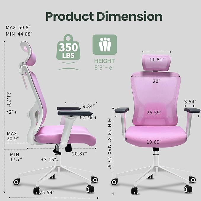 Ergonomic Office Chair - 350LB Mesh Office Chair with Adjustable Lumbar, High Back Computer Desk Chair with 3D Armrests, Comfy Chair with 2D Headrest & Tilt Function for Study, Work, Gaming