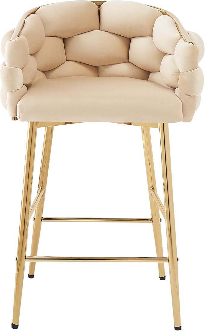 Christopher Knight Home Barrel Counter Stools,Velvet Counter Height Barstools, Modern Luxury Makeup Stool Upholstered Chairs with Gold Legs(Set of 2),Beige