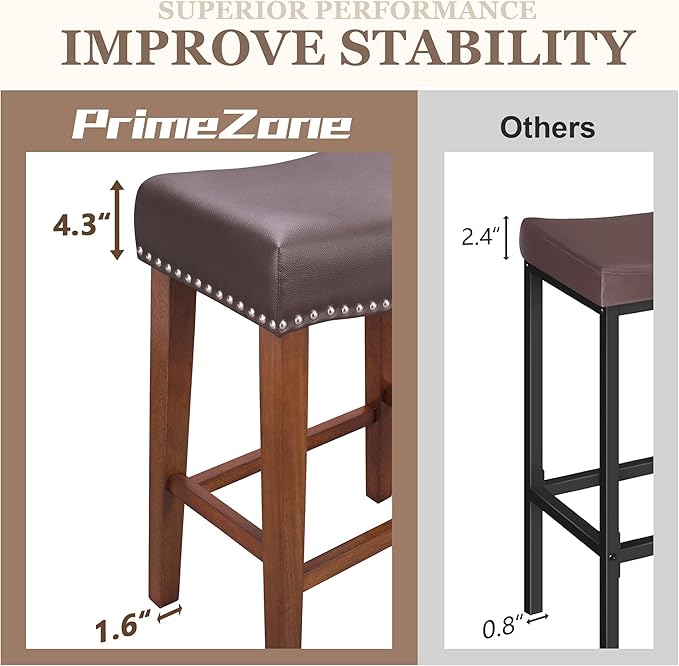 PrimeZone Counter Height Bar Stools Set of 4 - Backless Saddle Barstools with 4.3" Thick Upholstered, Nailhead Trim Faux Leather & Solid Wood Legs, 26 Inch Counter Stools for Kitchen Island, Brown