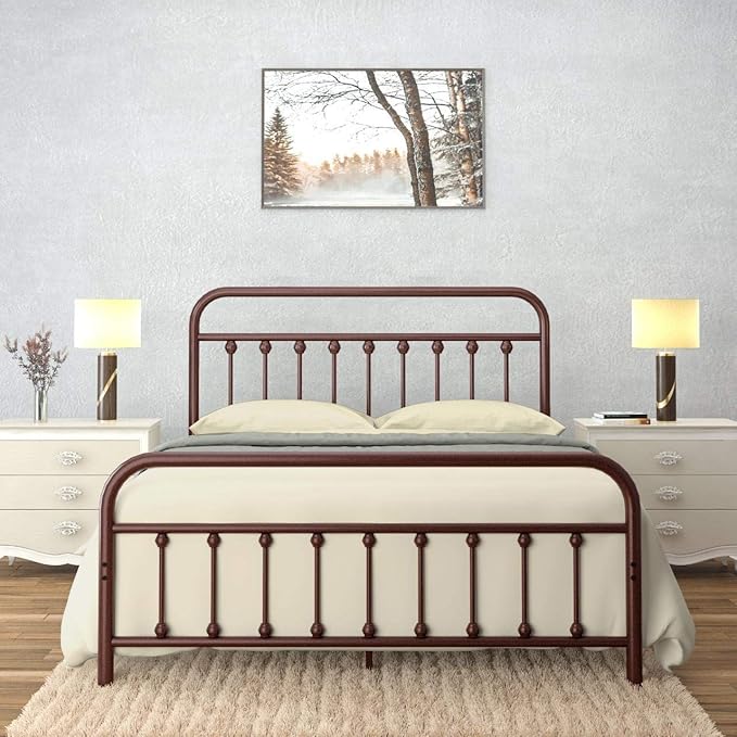Golden Gate Beds Vintage Style Metal Bed Frame with Wrought Iron Headboard and Footboard, Classic Platform Bedframe with Storage, No Box Spring Needed, Mattress Foundation, Brown, Queen Size