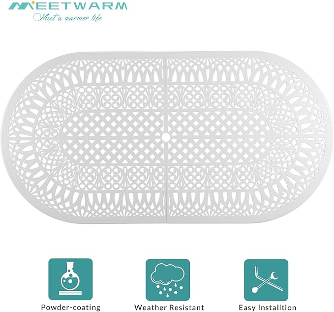 MEETWARM 9-Piece Outdoor Patio Dining Set, All-Weather Cast Aluminum Patio Conversation Set with 8 Cushioned Swivel Rocker Chairs for Backyard Garden Deck, 1 Oval Table, 2" Umbrella Hole, White