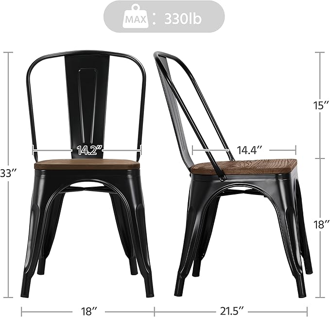 Yaheetech 18 Inch Classic Iron Metal Dining Chair with Wood Top/Seat Indoor-Outdoor Use Chic Dining Bistro Cafe Side Barstool Bar Chair Coffee Chair Set of 4 Black