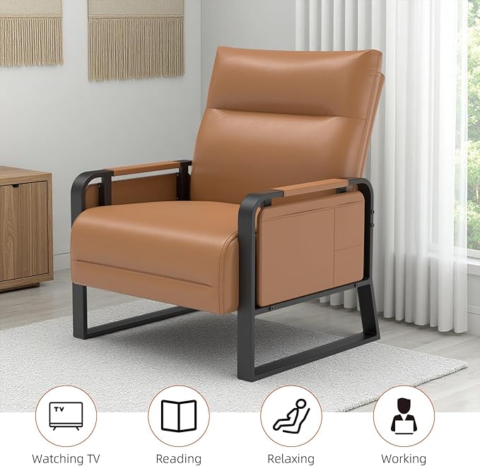 Upholstered Accent Chairs Set of 2, Modern Faux Leather Sofa Chairs with Foldable Side Tray Table & Storage Pocket, Small Accent Sofas for Living Room, Bedroom, Brown