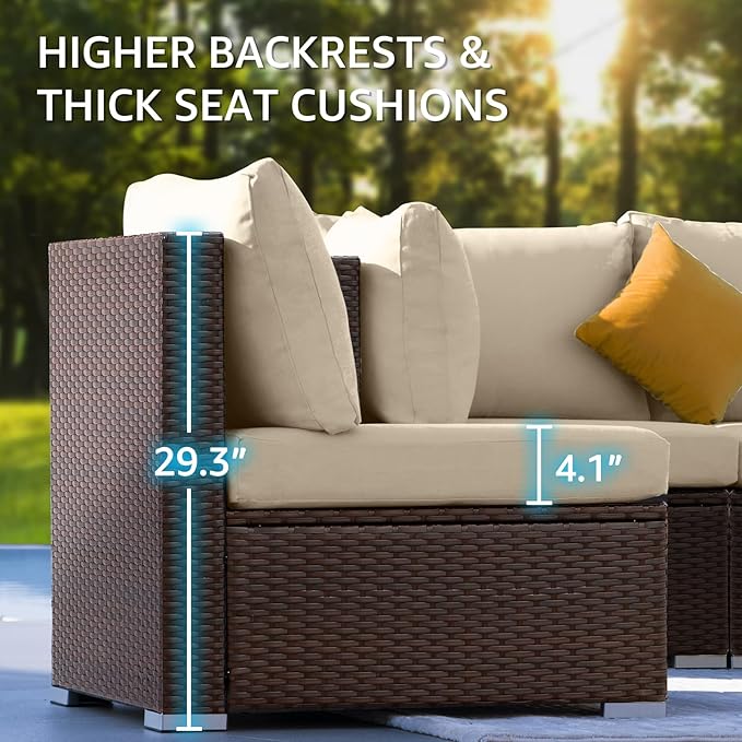 NICESOUL 7 Piece Outdoor Patio Furniture Set with Fire Pit Table Natural Gas & Propane Convertible, 29.3'' High Backrest Deep Wide Seating Conversation Sets, Wicker Sectional Couches, Brown & Beige