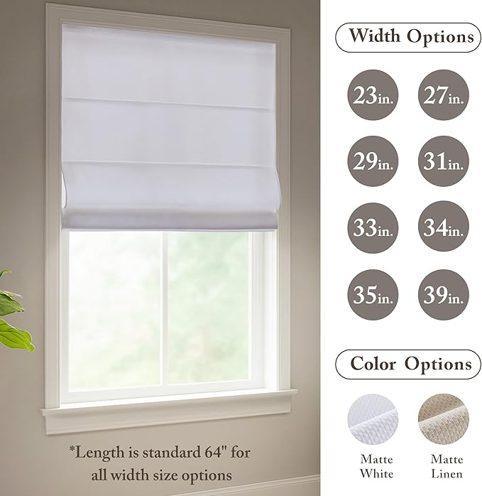 Madison Park Galen Matte White Cordless Roman Shades - Fabric Privacy Single Panel Darkening, Energy Efficient, Thermal Insulated Window Blind Treatment, for Home, Living Room Decor, 39" W x 64" H