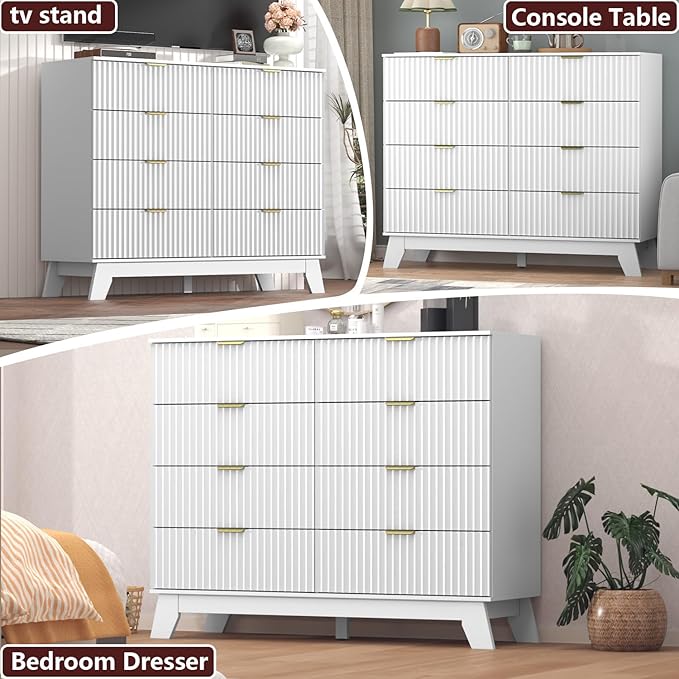 Fluted Dresser for Bedroom,8 Drawer Dresser for Closet,Storage Cabinet and Chest of Drawers with Gold Handle,TV Stand,Storage Organizer for Living Room,Hallway,Entryway,White