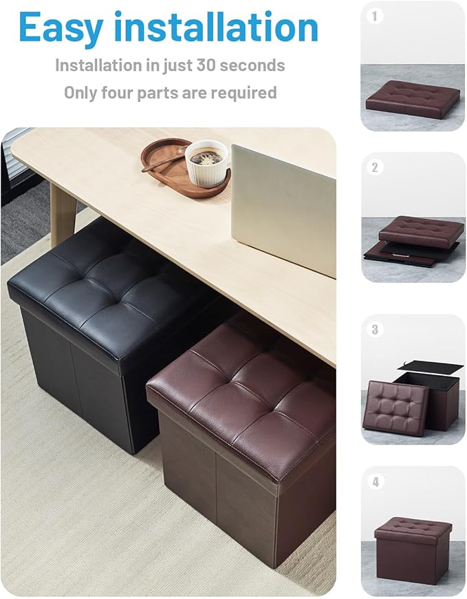 Storage Ottoman Foot Rest Stool, Small Leather Storage Ottomans Bench, Folding Foot Stool with Handles Lid, Foot Rest Under Desk for Living Room Bedroom, 17x13x13 in, Brown