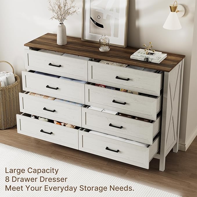 LYNSOM Farmhouse 8 Drawer Dresser for Bedroom, 55 Inch Wide Wood Rustic Chest of Drawers with X-Marking & Bar Handle, Large Storage Dressers Organizer for Bedroom, Living Room, Antique White