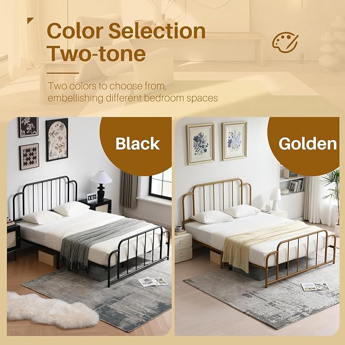 PINJU Metal Platform Bed Frame with Headboard and Footboard, Classic Style, Sturdy Metal Slats, No Box Spring Needed, Easy Installation (Gold, Queen)