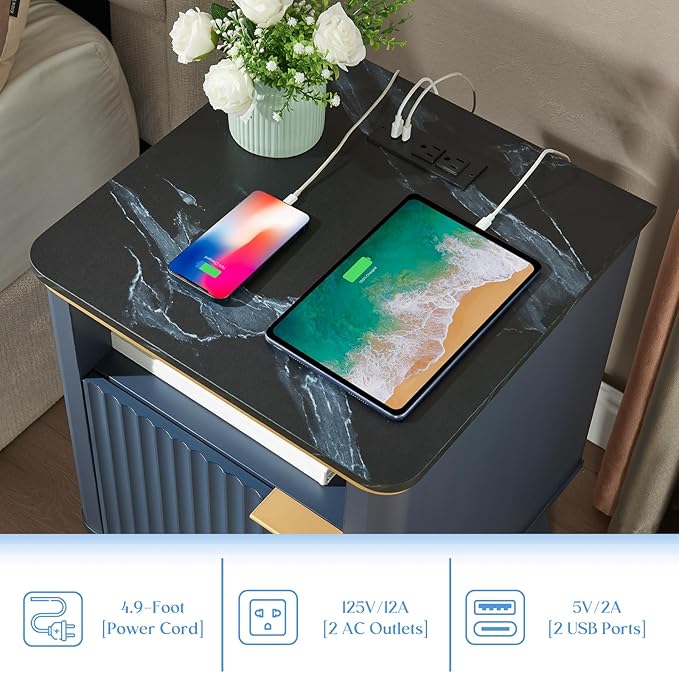 QUW Fluted Nightstands with Charging Station, 18" Modern Side Table, Wooden Bedside Table with Faux Marble Top, Open Storage, Cabinet, End Table for Bedroom, Living Room, Navy Blue