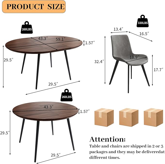 43.3"-59.1" Extendable Round Dining Table Set of 4, Mid Century Wooden Round Kitchen Table, Coffee Table for 4-6 Person, 4 Gray PU Leather Chair
