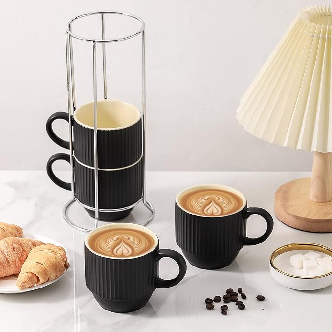 Hasense Black Coffee Mug Porcelain Set of 4 with Rack - 12 oz Stackable Coffee Cups Ceramic, Modern Ribbed Latte Cup Sets for Cappuccino, Tea, Espresso, Hot Cocoa, Drinks - Dishwasher & Microwave Safe