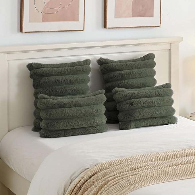 FUTEI Olive Green Decorative Throw Pillow Covers 24x24 Inch Set of 2, Square Soft Faux Rabbit Fur Big Striped Pillow Sham,Home Decor for Couch Sofa Bed Living Room