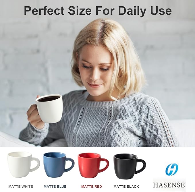 HASENSE 7 Ounce Cappuccino Cups Set of 4 Perfect for Latte, Americano, Cafe Mocha and Tea, Ceramic Coffee Cups Ideal for Party Cafe Home and Kitchen, Microwave and Dishwasher safe, White