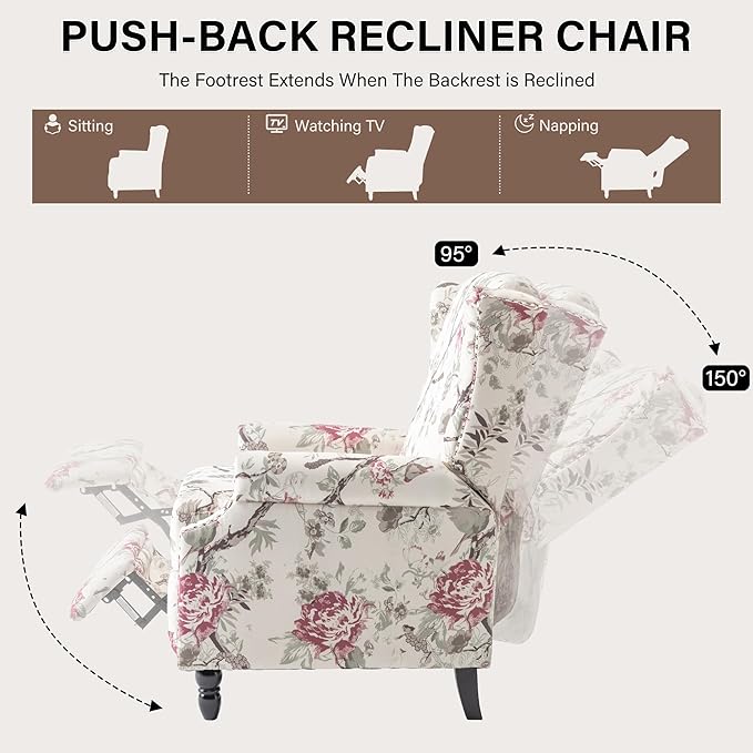 UIXE Pushback Floral Recliner Chair, Fabric Upholstered Armchair Push Back Accent Chair for Living Room, Rivet Trim Club Chair Home Theater Single Sofa Reading Seat - Beige Floral