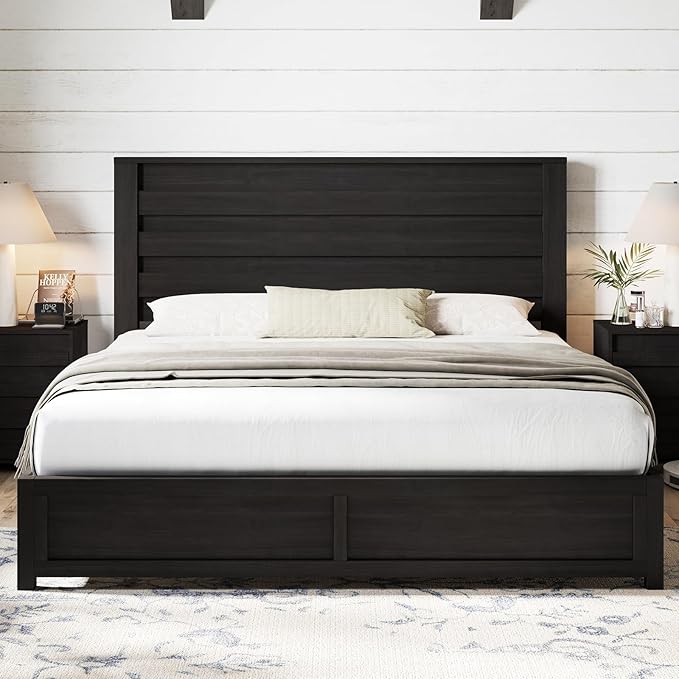 AMERLIFE Farmhouse King Size Bed Frame with 49" Fluted Headboard, Wood Platform Bed with Natural Grain, No Box Spring Needed/Noise Free, Black