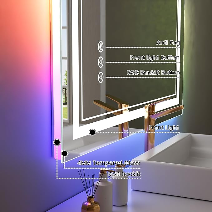 28x32 inch LED Bathroom Mirror with RGB Lights Color Changing Backlit Mirror Shatterproof Dimmable Anti-Fog Lighted Vanity Mirror (RGB Multicolor Backlit + Adjustable Front-Lighted)