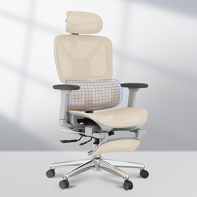 FLEXISPOT ErgoX Premium Ergonomic Office Chair with Footrest- Adjustable 3D Armrests, Dynamic Lumbar Support, Recline & Tilt Function, Mesh Seat, for Home & Office Use,Cream