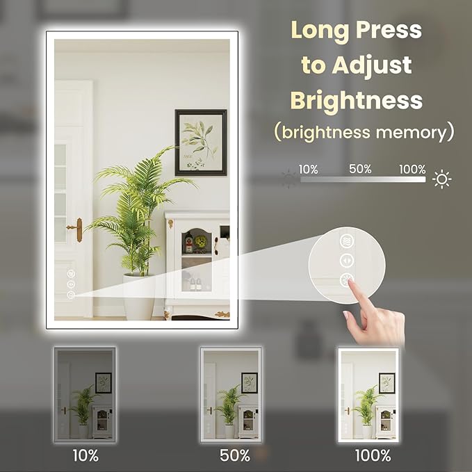 WTTY 24"X36" LED Bathroom Mirror with Black Frame, Bathroom Vanity Mirror with Lights for Wall, Front Light and Backlit, Anti-Fog, Dimmable, 3 Colors, Shatterproof, Memory, Horizontal/Vertical