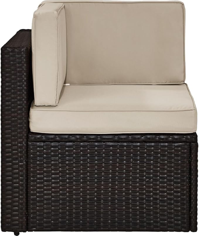 Crosley Furniture Palm Harbor Corner Outdoor Sectional Chair, Wicker Patio Chairs for Porch, Deck, Backyard, Brown with Sand Cushions