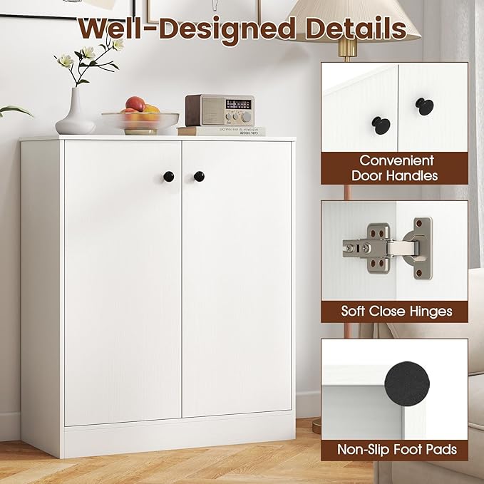 GOFLAME Floor Storage Cabinet with 2 Doors, Freestanding Accent Storage Cabinet Organizer with 3-Tier Inner Shelves, Modern Sideboard Buffet Cabinet for Kitchen, Living Room, Entryway, White