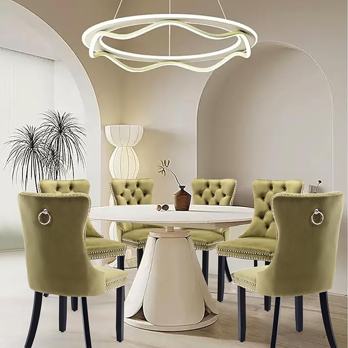Velvet Upholstered Dining Chairs Set of 6, Modern Style Kitchen Side Chairs with Nailhead Trim and Wood Legs,Metal Pulling Ring for Dining Room Living Room(Olive Green,Set of 6)