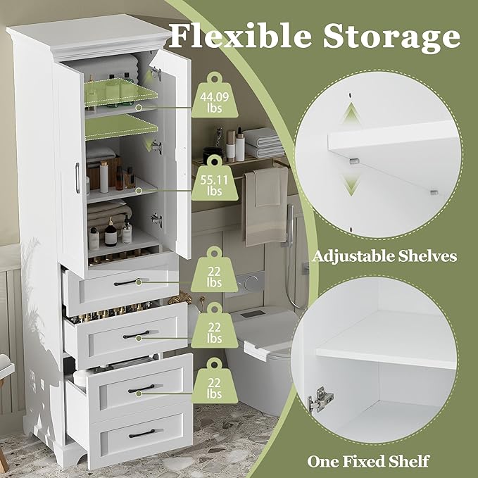 Tall Freestanding Storage Cabinet with 2 Doors & 3 Drawers, Multi-Purpose Organizer with Adjustable Shelf for Bathroom, Office, Living Room, White
