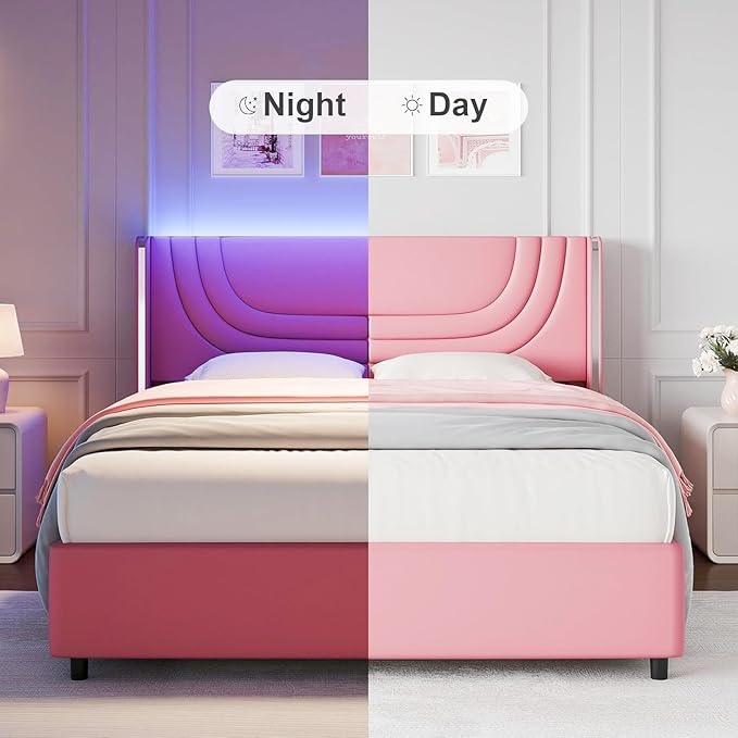 Queen Bed Frame with LED Lights, Faux Leather Upholstered Bed with Wingback Headboard, Modern Bed Frame, No Box Spring Needed, Easy Assembly, Pink