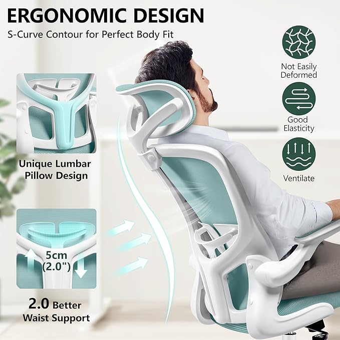 FelixKing Ergonomic Office Chair with Adjustable High Back, Breathable Mesh, Lumbar Support, Flip-up Armrests, Executive Rolling Swivel Comfy Task Computer Chair for Home Office (Light Blue)