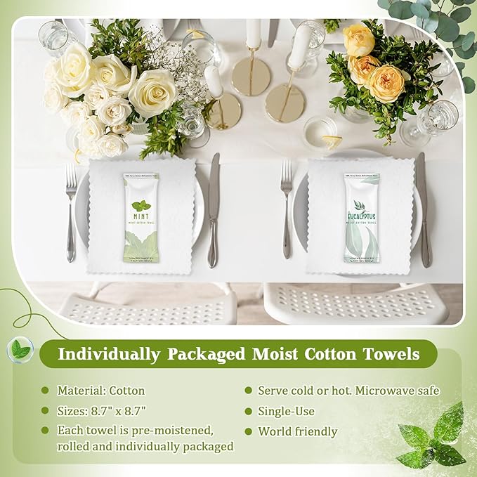 50 Pcs Moist Towelettes Individually Wrapped Scented Disposable Face Towels Essential Oil Infused Moist Terry Cotton Towel for Use Hot or Cold Travel Body Spa (Mint, Eucalyptus Leaves)