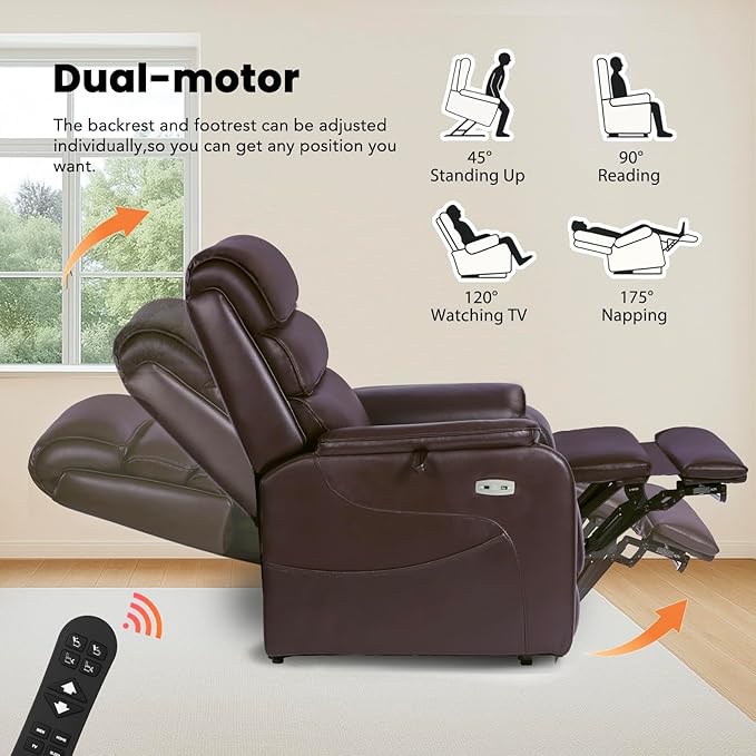 EONIX Dual Motor Lay Flat Power Lift Recliner Chair for Elderly, Electric Leather Lift Chairs for Adults, 400lbs Heavy Duty Power Recliner Lift Sofa with Heat and Massage, Dark Brown