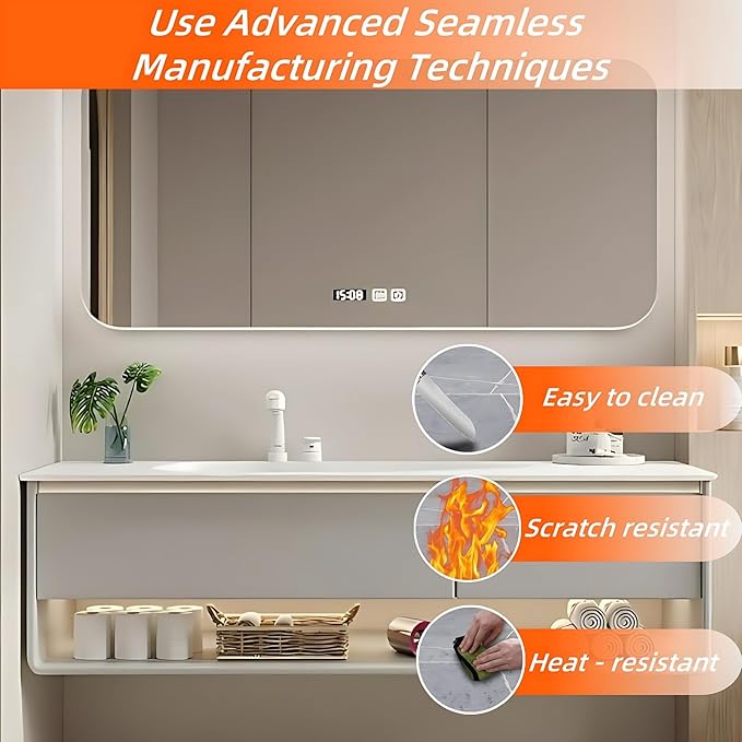 60IN Grey Bathroom Vanity Set - Floating Bathroom Vanity with Single Sink | Including LED Smart Defogging Mirror Cabinet & Time Display Function, Equipped with Motion Sensing Light Strip (Style A)