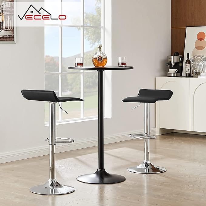 VECELO Bar Stools Set of 2, Swivel Bar Chairs, Adjustable Counter Bar Stools, Modern Armless PVC Stools for Kitchen/Island/Bar/Dining Room/Party, Dark Black