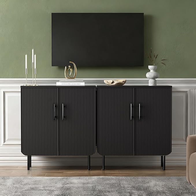 Buffet Cabinet with Storage, Sideboard with 2 Doors, Adjustable Shelf, Fluted Accent Cabinet for Living Room, Modern,Black