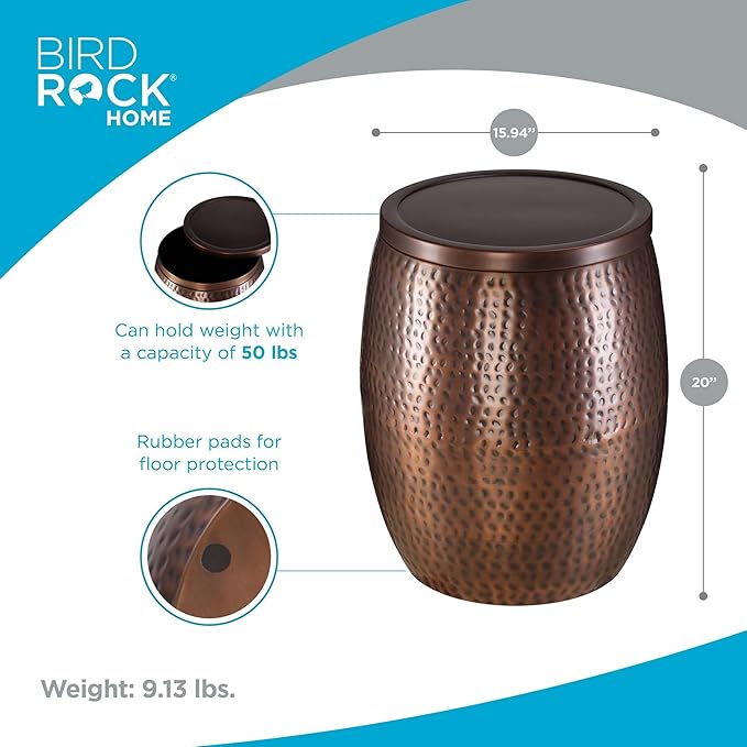 BIRDROCK HOME 20 in Metal Storage Side Table | Hammered | 15.96 in D | End Tables | Home Furniture | Removable Lid | Copper Antique