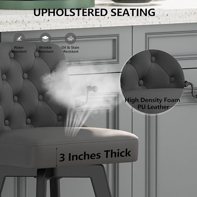 MINCETA Bar Stool, PU Leather Barstool, 30 Inch Upholstered Counter Stool with Low Tufted Back and Footrest, Swivel Counter Height Barstool for Kitchen Island Home Bar Dark Gray