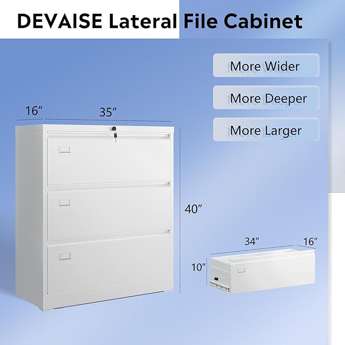DEVAISE 3 Drawer Lateral File Cabinet with Lock, Metal Filing Cabinets for Home Office, 16" D x 35" W x 40.5" H Wide Storage Organization for Hanging Files Letter/A4/Legal/F4 Size, White