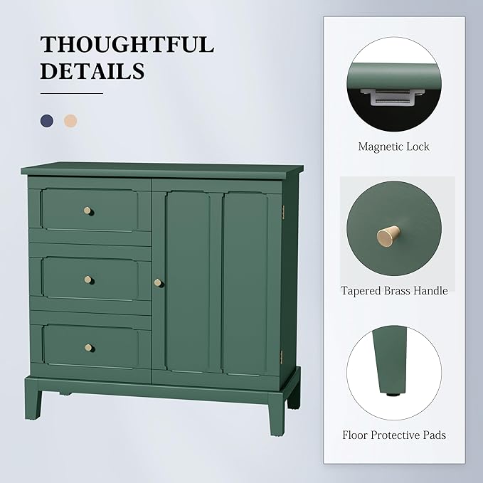 HLR Accent Cabinet with 3 Drawers and Door, Wooden Storage Cabinet with Shelves, Sideboard for Living Room, Entryway, Green