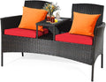 COSTWAY 2-Seat Patio Conversation Sets, Outdoor Patio Loveseat Set with Removable Cushions & Built-in Coffee Table for Backyard, Garden, Lawn, Balcony, Black+Red