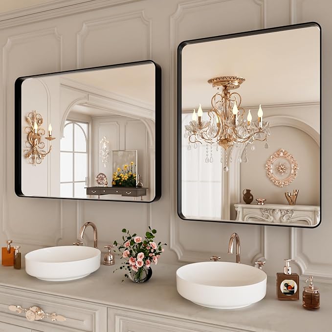 22x30 Inch Black Bathroom Mirror,Rectangle Wall Mirror for Bathroom,Round Corner Matte Black Metal Framed Mirror(Horizontal/Vertical)