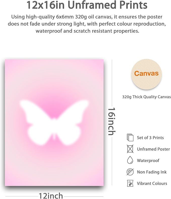 HesenDot Pink Motivational Canvas Wall Art,Unframed Daily Affirmations Prints, 12x16in Aesthetic Butterfly Poster,Unique Wall Decor for Women Girls Bedroom Study Dorm Office Home,3 Pack